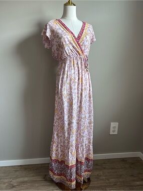 Prairie Floral Pink yellow Boho Maxi Dress country dainty feminine garden summer